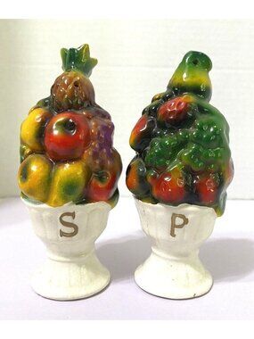 Vintage Japan Ceramic Fruit Basket Salt & Pepper Shakers l Hand-Painted Design